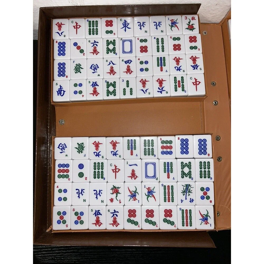Vtg Chinese Mahjong Game Set 144 Large Tiles White & Green Lucite Tiles Gamble